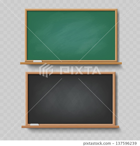 Realistic Blank Green and Black Chalkboard Set. Vector School Board Mockups in Wooden Frame with Chalk. Realistic Blank Green and Black Chalkboard Set. Vector School Board Mockups in Wooden Frame with Chalk. 137596239