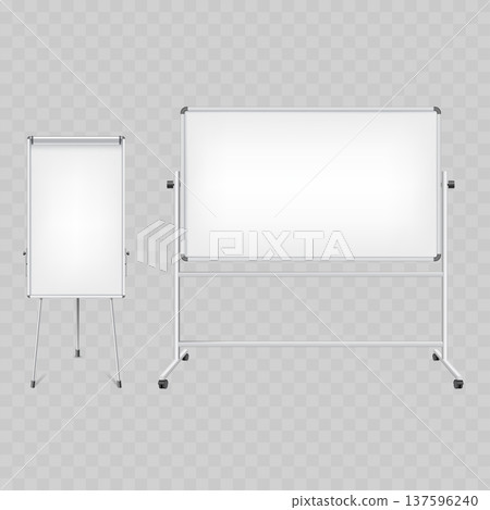 Realistic Blank Whiteboard Mockup Set. Vector Flip Chart on Tripod and Mobile Dry Erase Board on Wheels. Realistic Blank Whiteboard Mockup Set. Vector Flip Chart on Tripod and Mobile Dry Erase Board on Wheels. 137596240