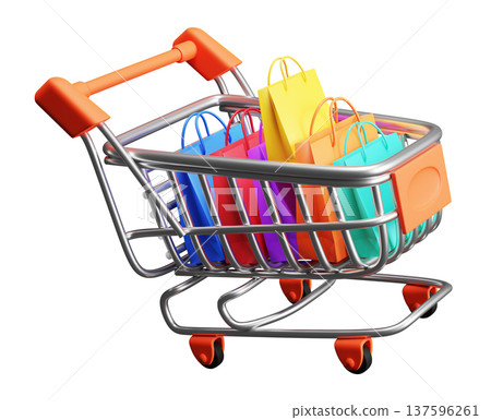 Shopping cart full of colorful shopping bags isolated on white background concept of online shopping and ecommerce 3D render Shopping cart full of colorful shopping bags isolated on white background concept of online shopping and ecommerce 3D render 137596261