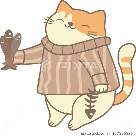 Cheerful cat presents fish with joy, holiday celebration, sweet congratulations, illustration, flat style, PNG Cheerful cat presents fish with joy, holiday celebration, sweet congratulations, illustration, flat style, PNG 137596526