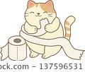 Adorable cat dragging toilet paper in simple flat illustration. PNG 137596531