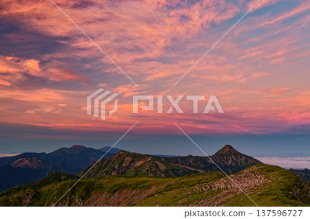 Morning clouds and Mt. Kasagatake, Mt. Norikura, and Mt. Ontake seen from Mt. Sugoroku in the Northern Alps 137596727