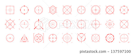 Tech crosshair and red Hud alignment. Asset with bullseye target. Neon buttons and exploding compass. Future vision with progress and innovation. Military Vector illustration 137597100
