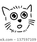 Hand drawn cute cat face illustration, surprised kitten doodle line art isolated on white. 137597109