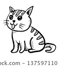 Hand drawn cute striped cat sitting and sticking out tongue, doodle vector illustration. 137597110