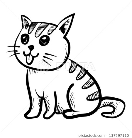 Hand drawn cute striped cat sitting and sticking out tongue, doodle vector illustration. 137597110