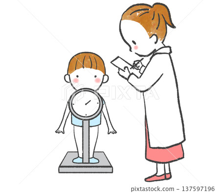 圖解：一名兒童和一位老師在身體檢查期間測量體重 137597196