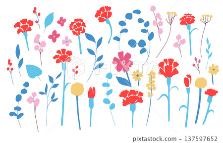 母親節插畫。母親節康乃馨和春季花卉插畫集。 母親節插畫。母親節康乃馨和春季花卉插畫集。 137597652