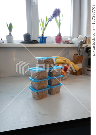 Stack of blue containers filled with homemade pet food on kitchen counter. Preparing healthy meals for dogs and cats. Pet nutrition and care concept for daily feeding routines. photography 137597702