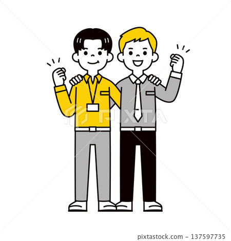 Full-body vector illustration of two young office workers and businessmen putting their arms around each other's shoulders and raising their fists in a gesture of approval Full-body vector illustration of two young office workers and businessmen putting their arms around each other's shoulders and raising their fists in a gesture of approval 137597735