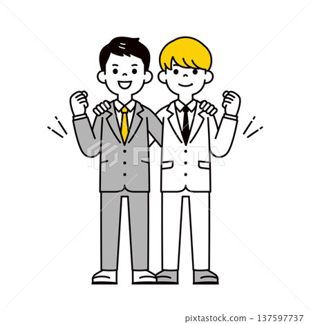 Full-body vector illustration of two young office workers and businessmen in suits working together Full-body vector illustration of two young office workers and businessmen in suits working together 137597737