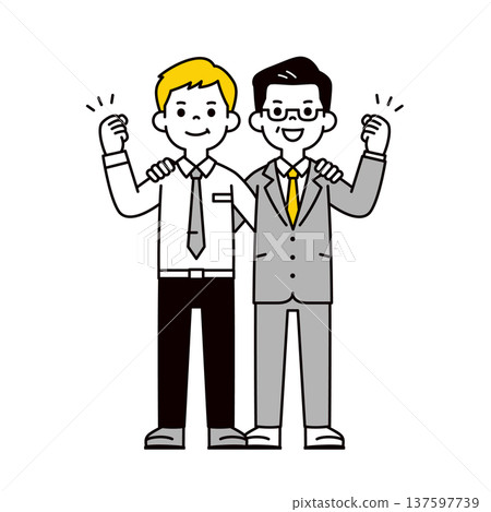 A full-body vector illustration of a young male employee and his middle-aged boss, president, or manager working hard and energetically A full-body vector illustration of a young male employee and his middle-aged boss, president, or manager working hard and energetically 137597739
