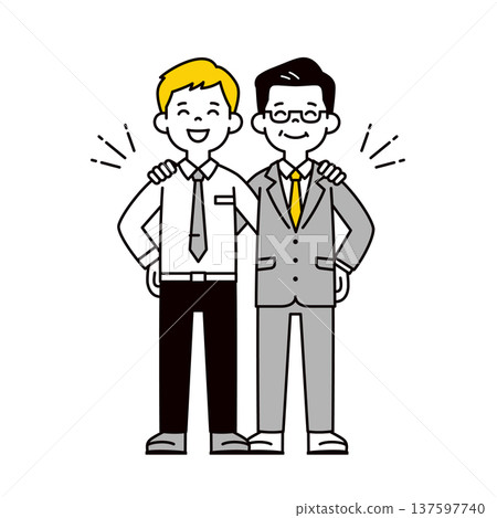 A simple full-body vector illustration of a young office worker, male employee, and president/manager smiling and putting their arms around each other's shoulders A simple full-body vector illustration of a young office worker, male employee, and president/manager smiling and putting their arms around each other's shoulders 137597740