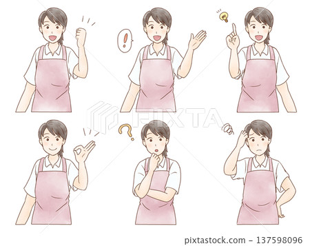 一套清新脫俗的女性助手穿著圍裙的姿勢圖(含圖標) 一套清新脫俗的女性助手穿著圍裙的姿勢圖(含圖標) 137598096