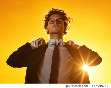 Stylish man in suit adjusting his jacket against vibrant yellow background, exuding confidence and charisma 137598247