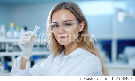 confident female scientist in laboratory holds test tube filled with liquid, wearing protective eyewear and gloves, showcasing her expertise 137598490