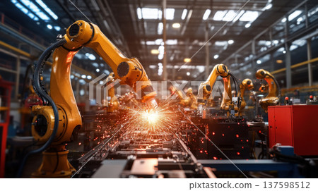 Automated robotic arms in factory setting...-插圖素材 [137598512] - PIXTA圖庫