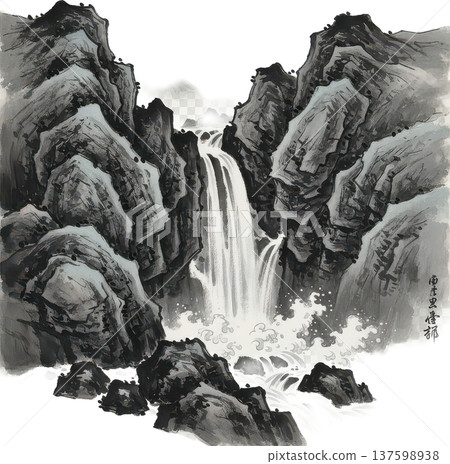 水墨畫：壯麗的瀑布與山水 137598938