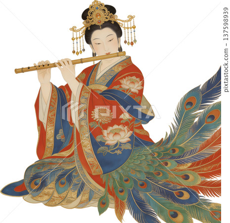 一位身披孔雀羽毛、吹奏笛子的優雅中國美女 137598939