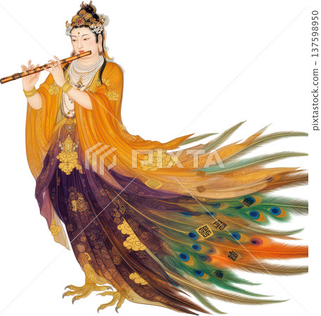 一位身著孔雀羽毛長袍、吹奏笛子的夢幻天女形象 137598950