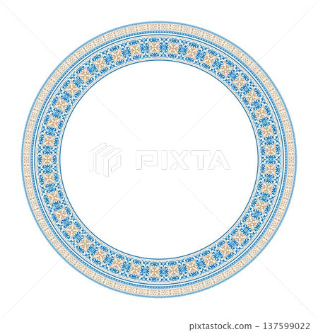 Round porcelain plate with oriental pattern. Oriental vintage plate with arabesque and floral pattern. Ornament for embroidery, ceramic, mirror, porcelain, plate. Vector illustration. 137599022
