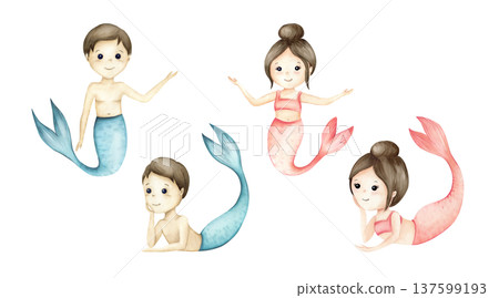 Watercolor Little Mermaids Set - Boy and Girl Merman Clipart. Watercolor Little Mermaids Set - Boy and Girl Merman Clipart. 137599193