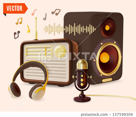 3d Color Vintage Radio Wave Timeless Music Stream Start Listening Now Concept Background Cartoon Design Style. Vector illustration 137599309