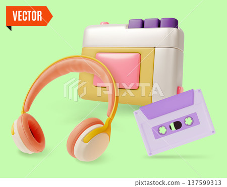 3d Colorful Retro Electronics Analog Device Headphones and Audio Cassette Player Concept Cartoon Design Style. Vector illustration 3d Colorful Retro Electronics Analog Device Headphones and Audio Cassette Player Concept Cartoon Design Style. Vector illustration 137599313