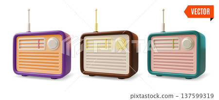 3d Different Color Retro Electronics Analog Device Radio Set Concept Cartoon Design Style Isolated on a White Background. Vector illustration 137599319