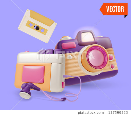 3d Colorful Retro Electronics Analog Device Cassette Player and Photo Camera Concept Cartoon Design Style. Vector illustration 3d Colorful Retro Electronics Analog Device Cassette Player and Photo Camera Concept Cartoon Design Style. Vector illustration 137599323