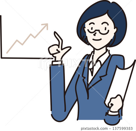 Illustration of a woman in a suit pointing at a graph (blue version) 137599383