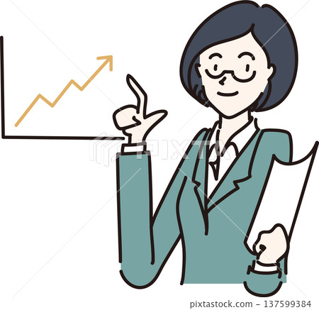 一位身穿西裝的女士正指著一張圖表（綠色版本）的插圖 137599384