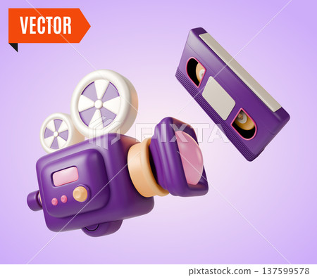 3d Colorful Retro Electronics Analog Device Video Camera and Video Cassette Concept Cartoon Design Style. Vector illustration 3d Colorful Retro Electronics Analog Device Video Camera and Video Cassette Concept Cartoon Design Style. Vector illustration 137599578