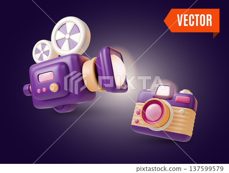 3d Colorful Retro Electronics Analog Device Video Camera and Photo Camera Concept Cartoon Design Style. Vector illustration 3d Colorful Retro Electronics Analog Device Video Camera and Photo Camera Concept Cartoon Design Style. Vector illustration 137599579