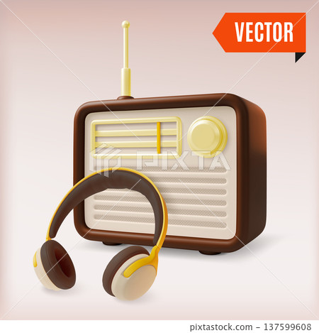 3d Colorful Retro Electronics Analog Device Radio and Headphones Set Concept Cartoon Design Style. Vector illustration 3d Colorful Retro Electronics Analog Device Radio and Headphones Set Concept Cartoon Design Style. Vector illustration 137599608