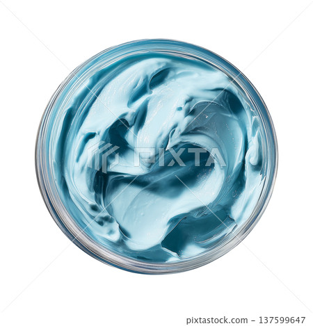 Blue cosmetic cream or butter texture in opened jar from above isolated on white background, concept of skincare hydration Blue cosmetic cream or butter texture in opened jar from above isolated on white background, concept of skincare hydration 137599647