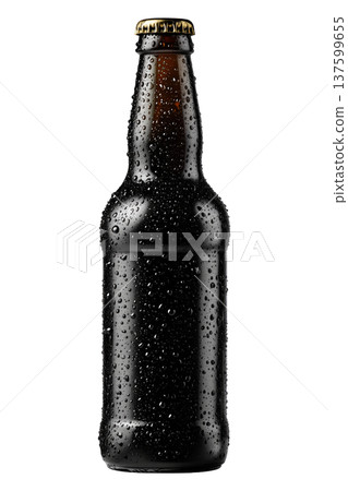 Chilled Ipa dark beer bottle with water droplets isolated on white background, symbolizing freshness and refreshment 137599655