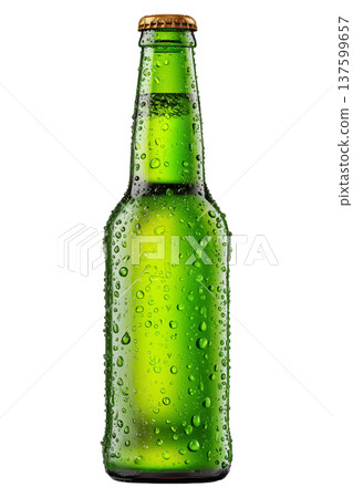 Cold green beer bottle with water droplets isolated on white background, showing a concept of freshness and chill 137599657