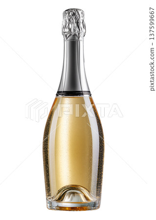 Clear sparkling wine bottle with gold foil shown isolated on white background, concept of celebration and elegance 137599667