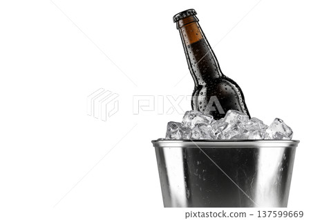 Set of cold beer bottles in a shiny metal bucket with ice cubes isolated on white background, concept refreshment 137599669