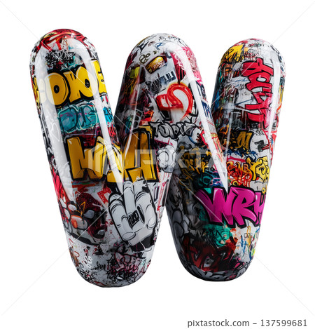Inflatable letter W covered in graffiti art isolated on white background, representing urban creativity and bold street concept Inflatable letter W covered in graffiti art isolated on white background, representing urban creativity and bold street concept 137599681