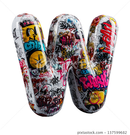 Inflatable letter W covered in graffiti art isolated on white background, representing urban creativity and bold street concept 137599682