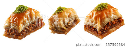 Set of Turkish baklava filled with pistachios and syrup, cut square triangle isolated on white transparent background Set of Turkish baklava filled with pistachios and syrup, cut square triangle isolated on white transparent background 137599684