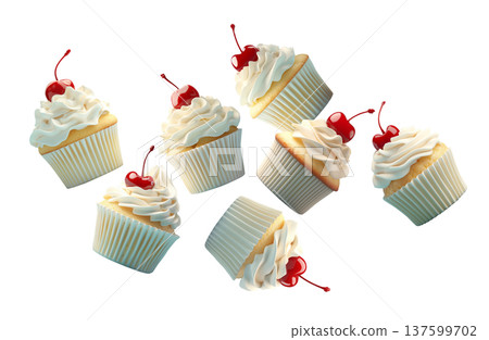 Multiple vanilla cupcakes topped with whipped cream and cherry scattered and on white background, sweet dessert concept 137599702