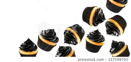 Delicious vanilla cupcakes with rich black frosting scattered randomly and on white background, concept of dessert, celebration Delicious vanilla cupcakes with rich black frosting scattered randomly and on white background, concept of dessert, celebration 137599703
