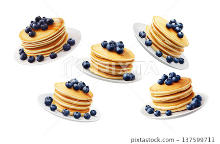 Multiple stacks of golden pancakes topped with fresh blueberries on plates, isolated on white background, breakfast food pattern Multiple stacks of golden pancakes topped with fresh blueberries on plates, isolated on white background, breakfast food pattern 137599711