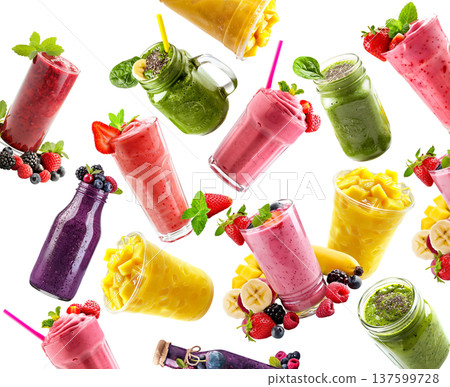 Assorted fruit and green smoothies in clear jars, isolated on white backdrop, concept of healthy freshness Assorted fruit and green smoothies in clear jars, isolated on white backdrop, concept of healthy freshness 137599728