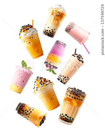 Various colorful bubble tea drinks shown isolated on white background, concept of freshness and sweet beverages 137599729