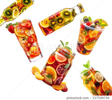 Assorted tea fruity beverages in glass containers isolated on white background, expressing a refreshing drink concept Assorted tea fruity beverages in glass containers isolated on white background, expressing a refreshing drink concept 137599730