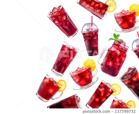 Various hibiscus iced tea drinks in clear jars with herbs isolated on white, concept of refreshing summer beverages 137599732